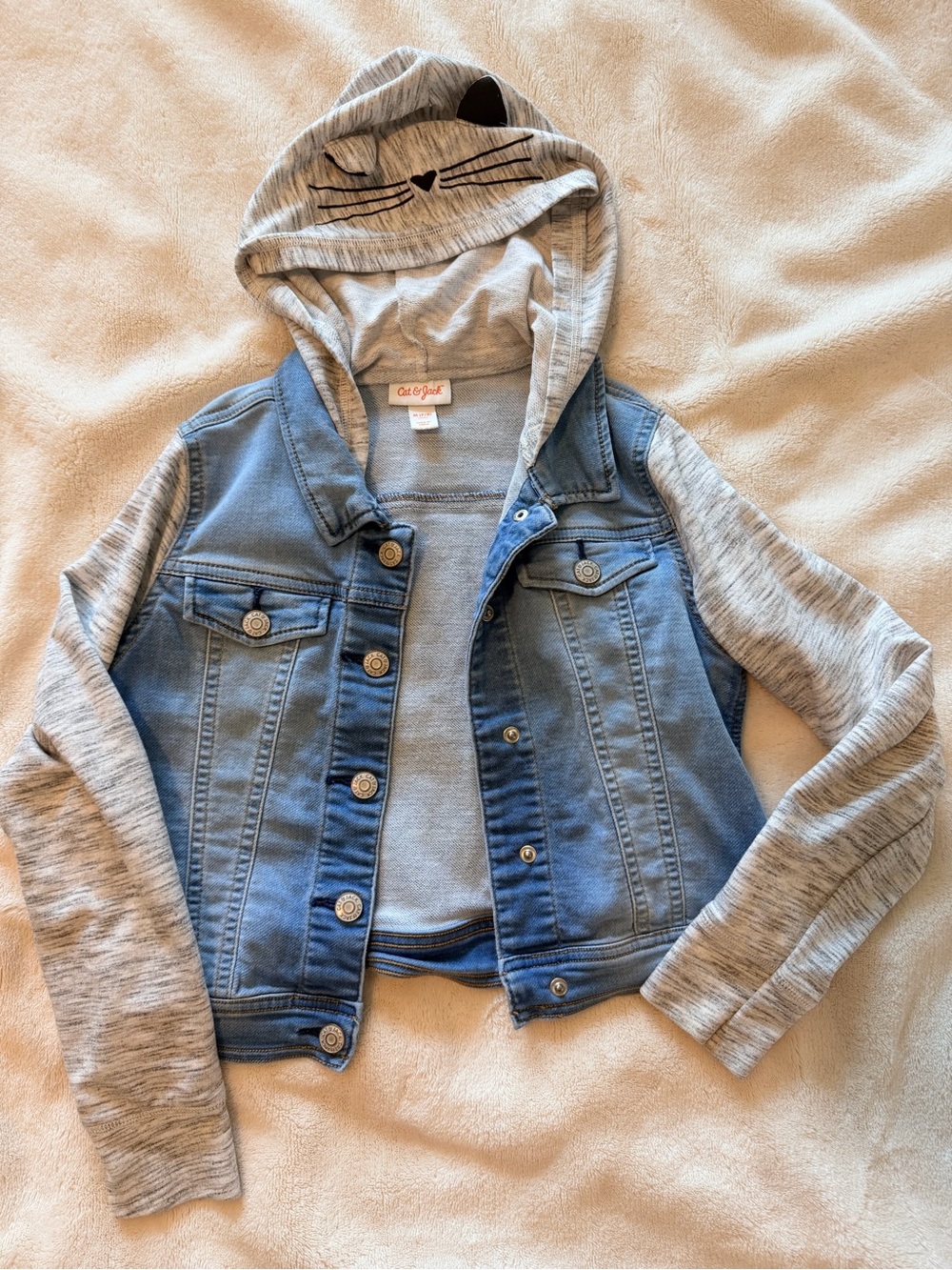 Cat & Jack Blue Denim Jacket with Light Gray Cat-Detail Hoodie